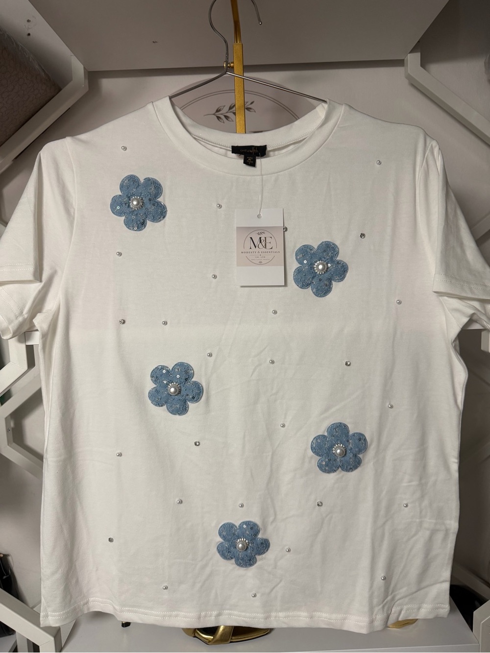 White Tee with Blue Denim Flower Appliqués